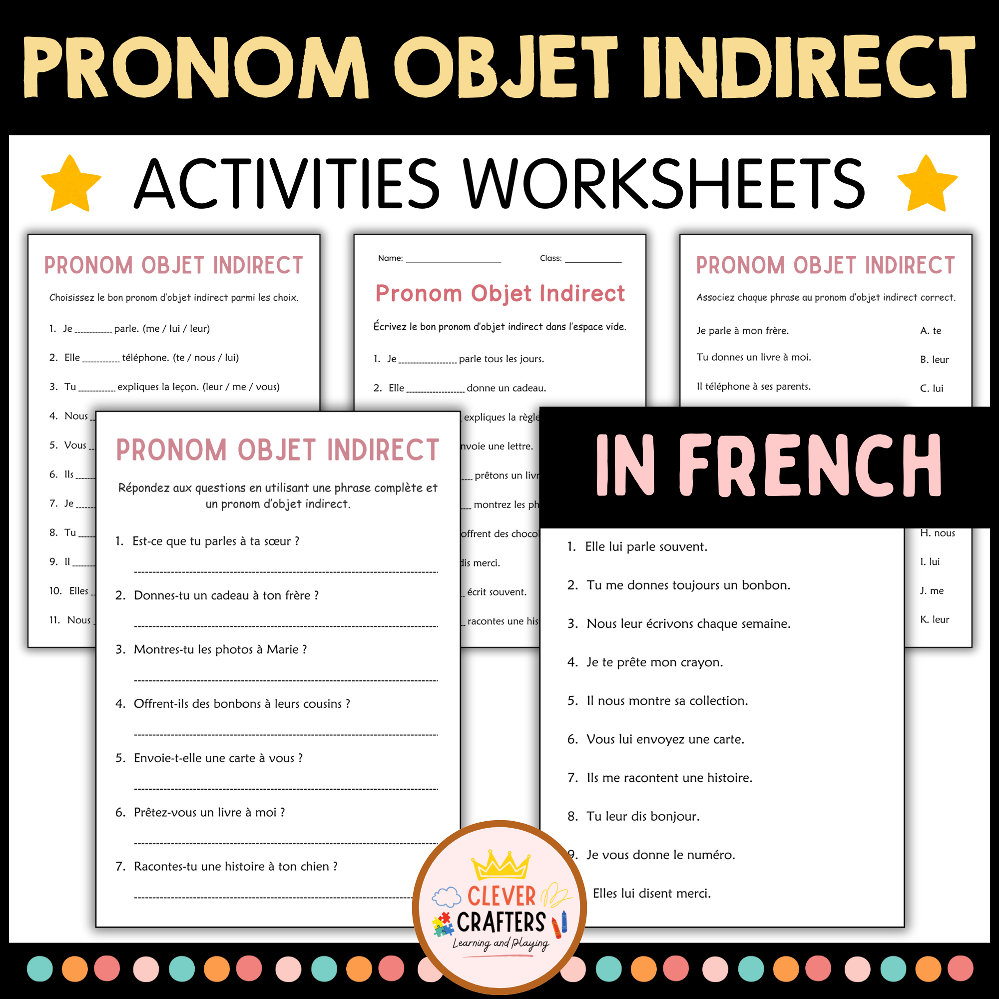 Indirect Object Pronouns in French Practice Grammar Worksheets for Grade 2, 3
