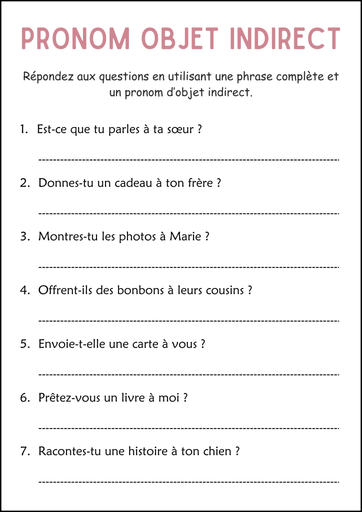 Indirect Object Pronouns in French Practice Grammar Worksheets for ...