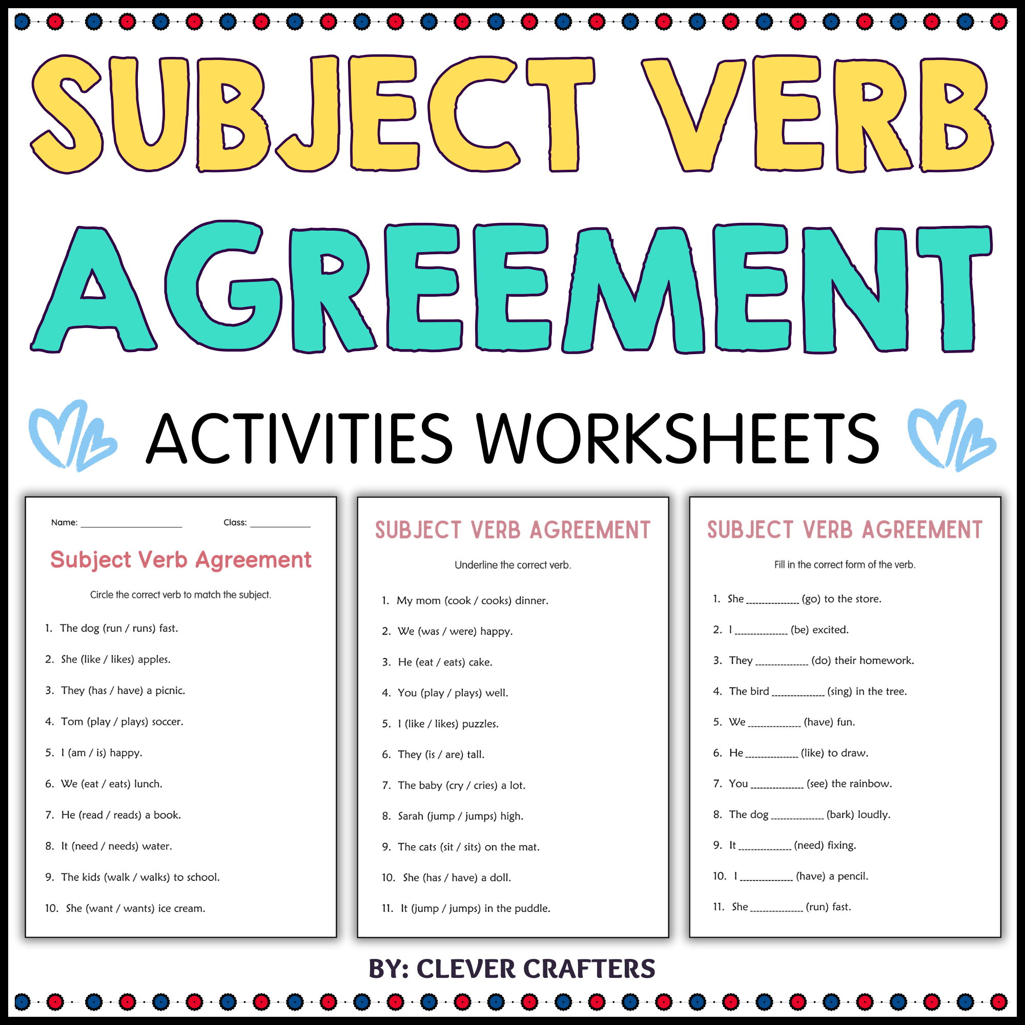Printable Subject Verb Agreement Grammar Worksheets Practice for Grade 2, 3, 4
