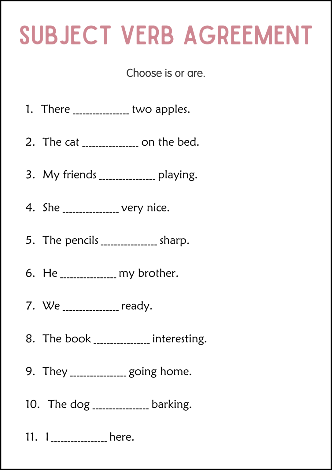 Printable Subject Verb Agreement Grammar Worksheets Practice for Grade ...
