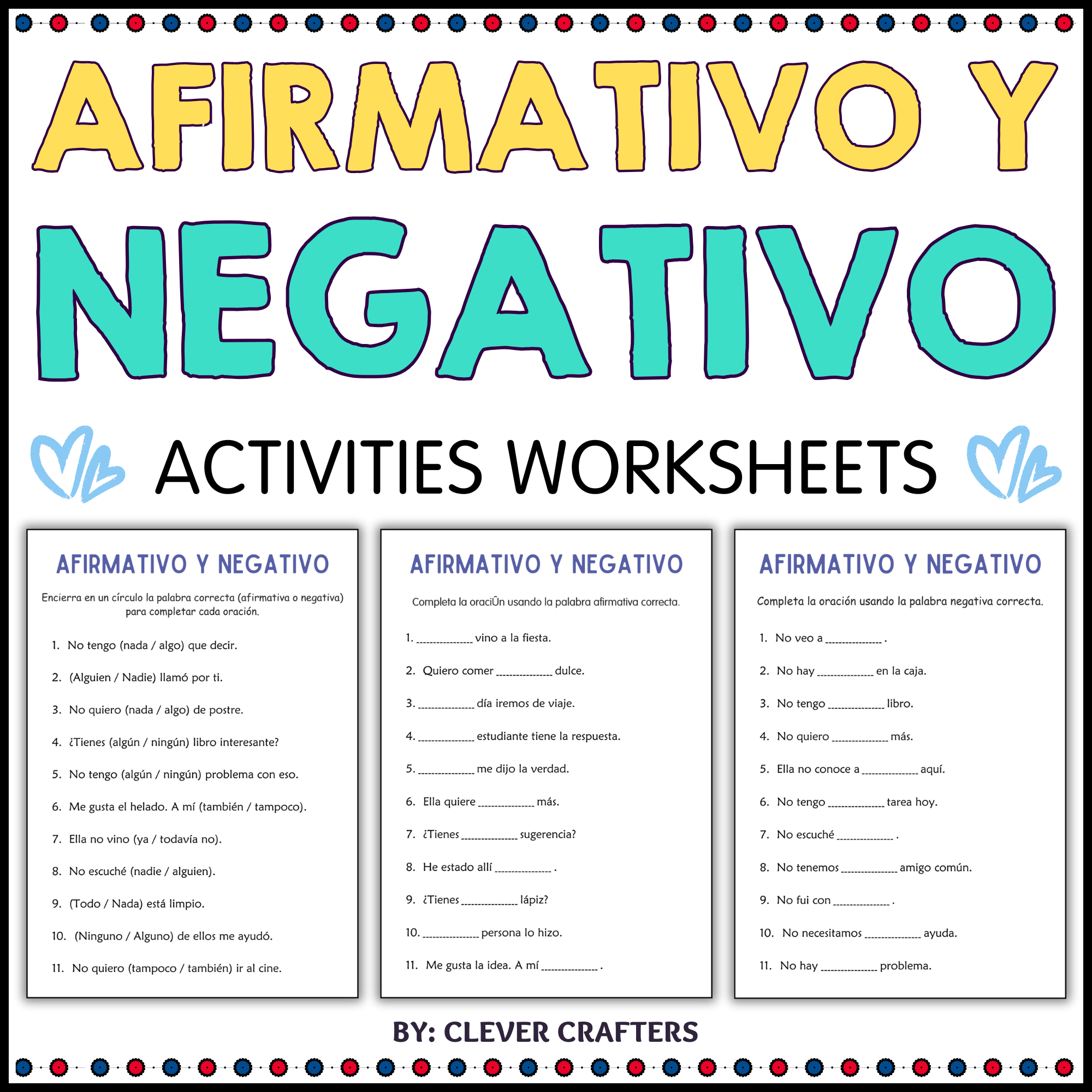 Printable Affirmative and Negative Words in Spanish Practice Worksheets