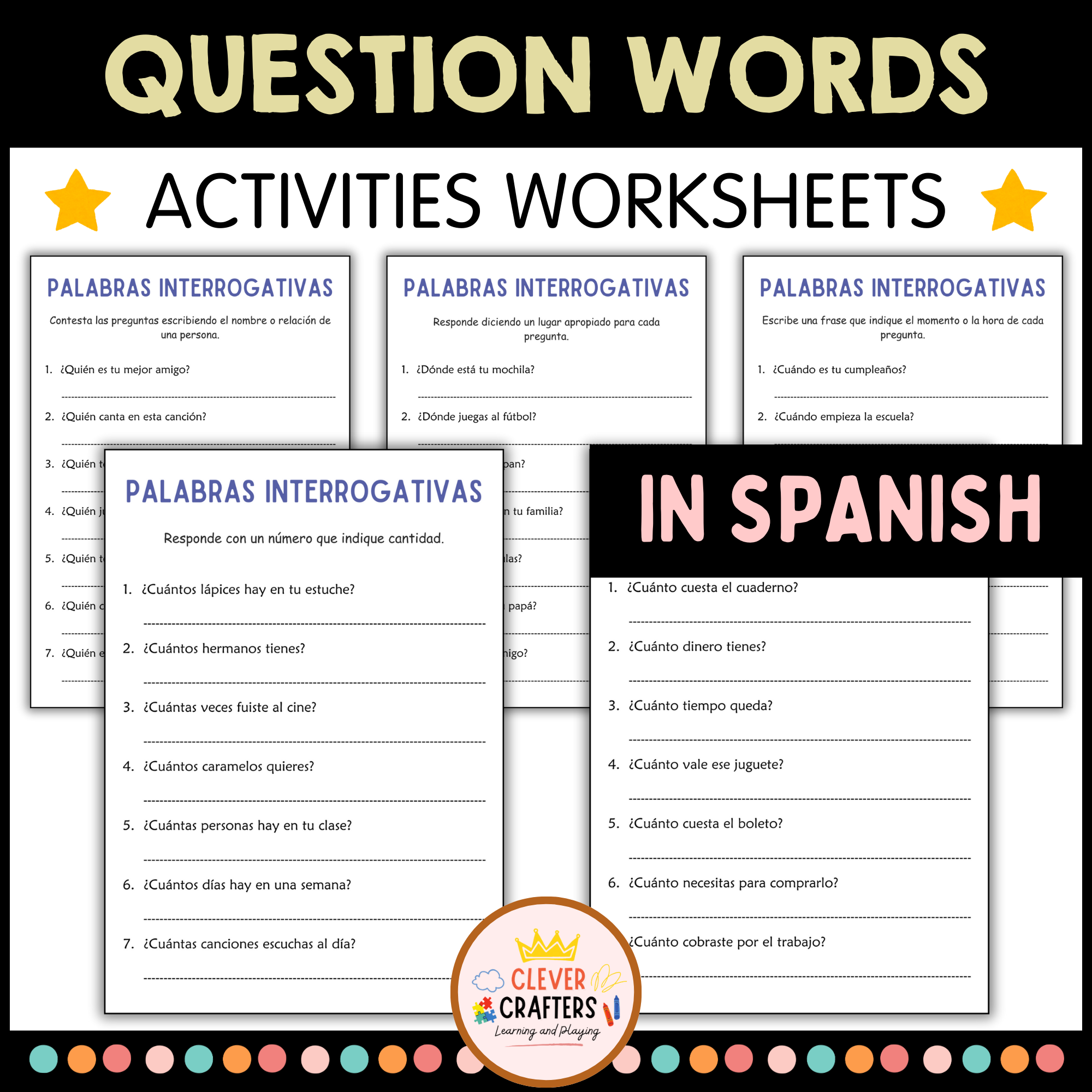 Palabras Interrogativas - Question Words Worksheets in Spanish for Grade 1, 2, 3