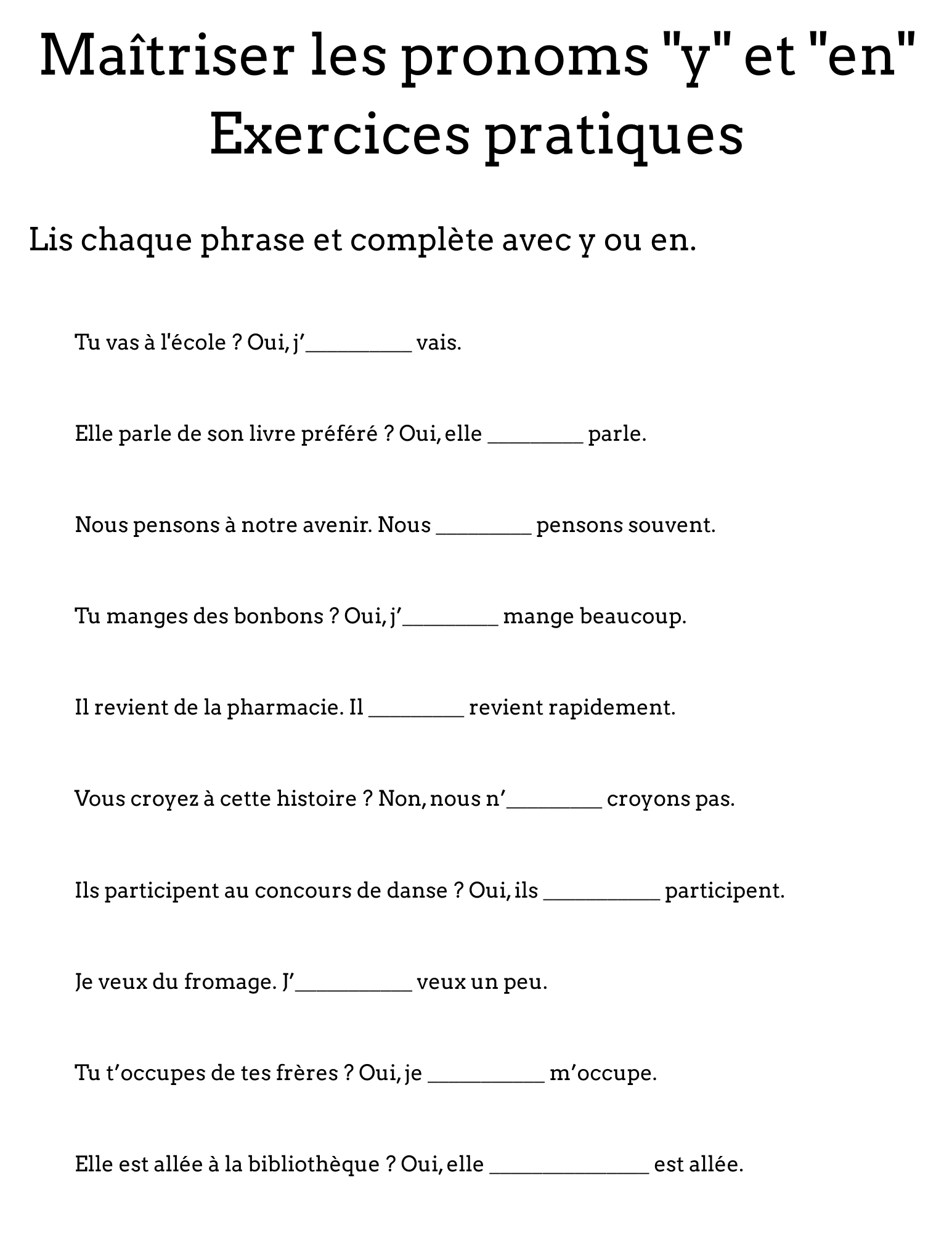 y vs en french exercises - french difference between y and en