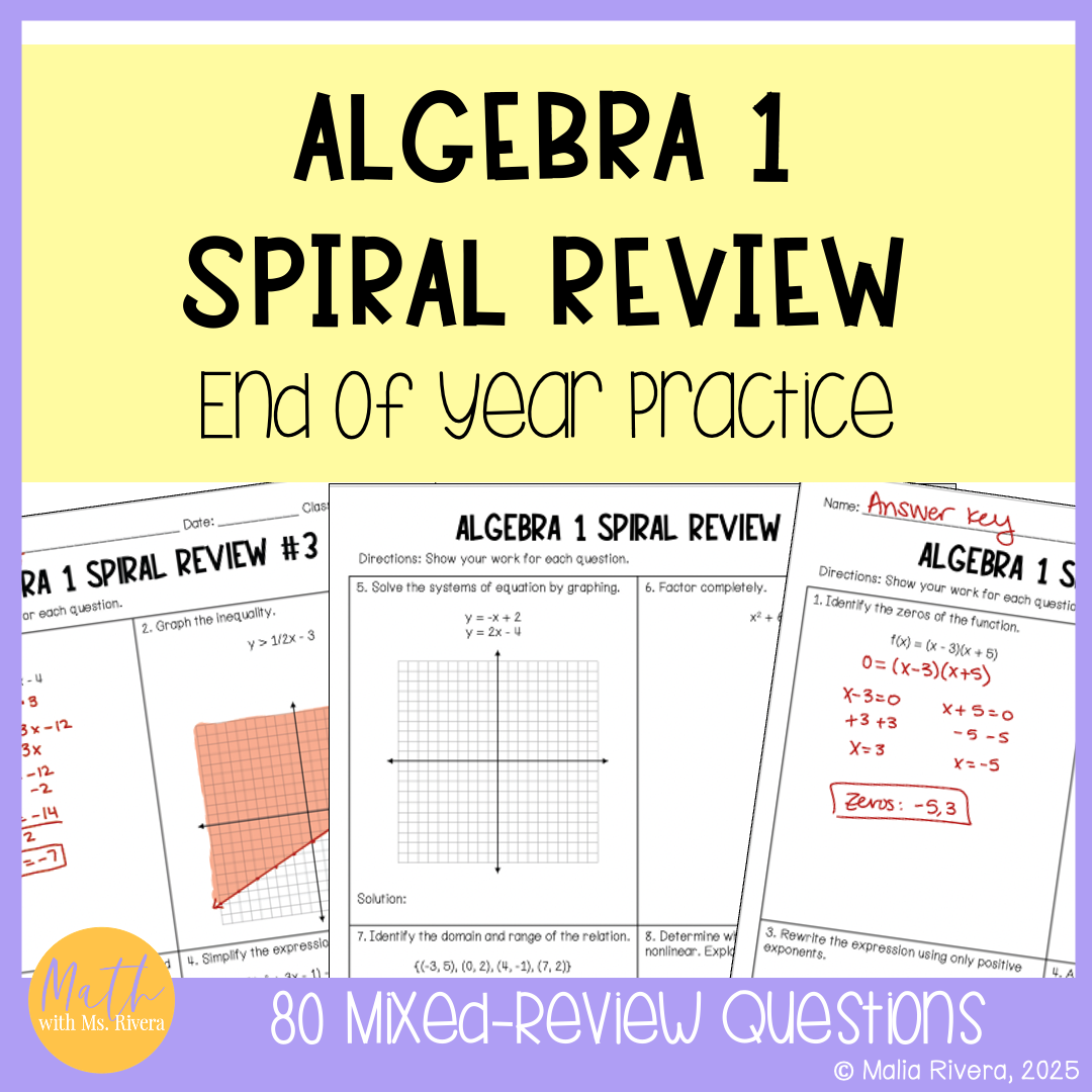 Algebra 1 Spiral Review End of Year Packet | Final Exam Test Prep Worksheets
