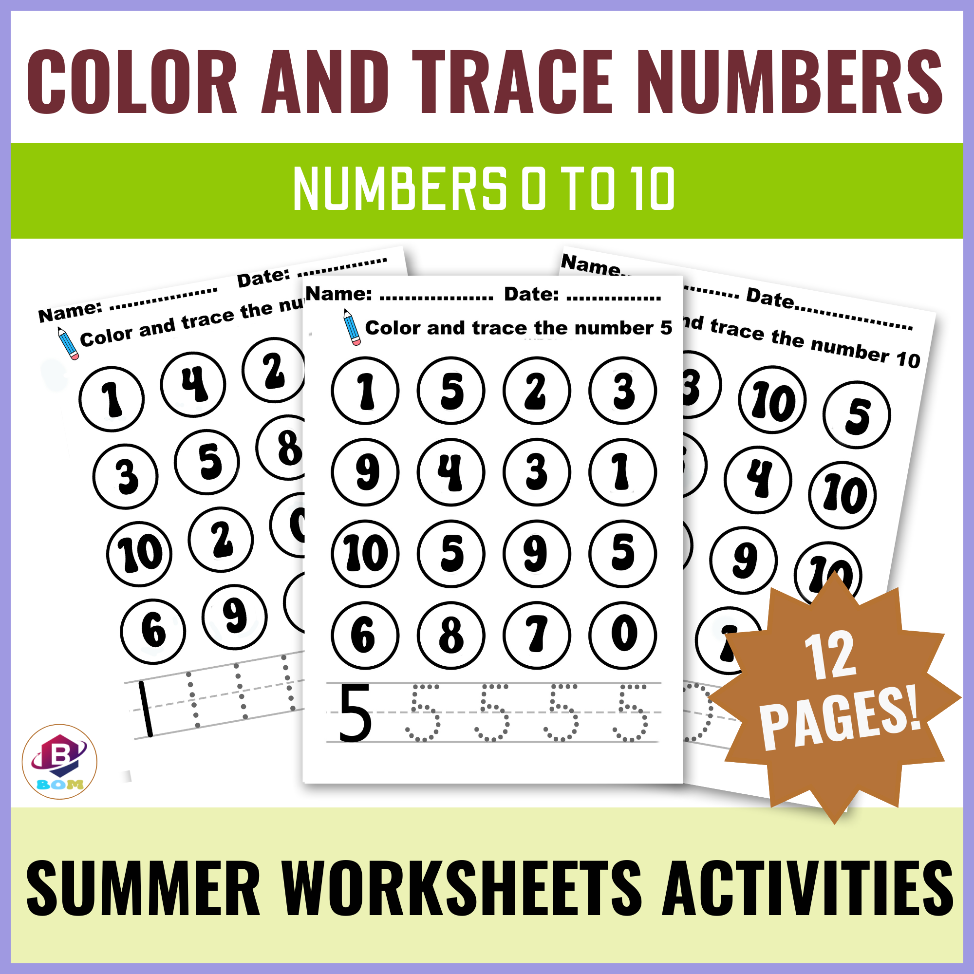 Trace and Color Numbers up to 10 Summer Activity Math Worksheets