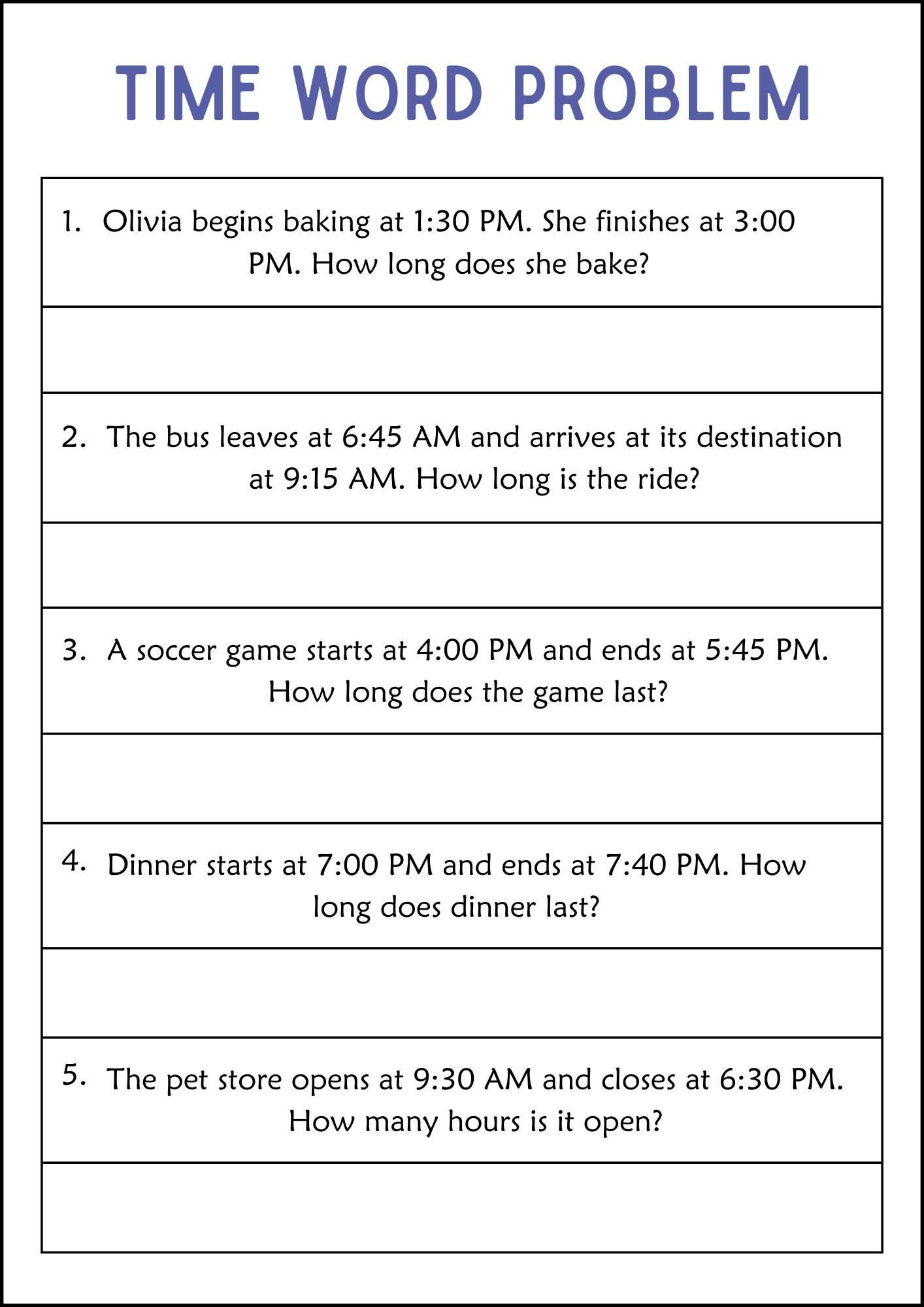 Printable Elapsed Time Word Problem to the Hour Worksheets for Grade 1 ...