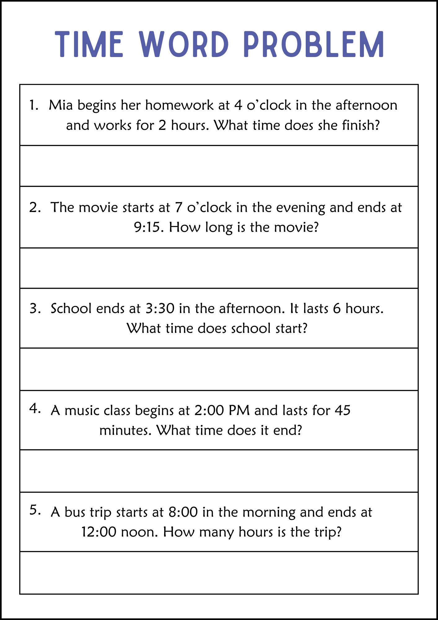Printable Elapsed Time Word Problem to the Hour Worksheets for Grade 1 ...