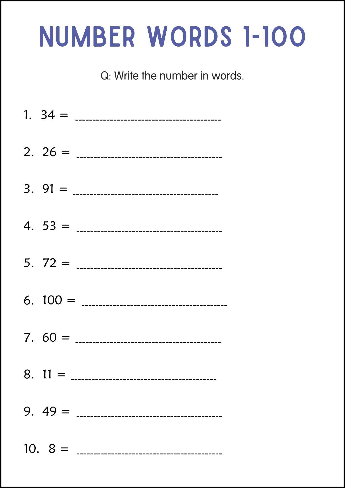Printable Writing Number in Words 1 to 100 Worksheets for Grade 1, 2, 3 ...