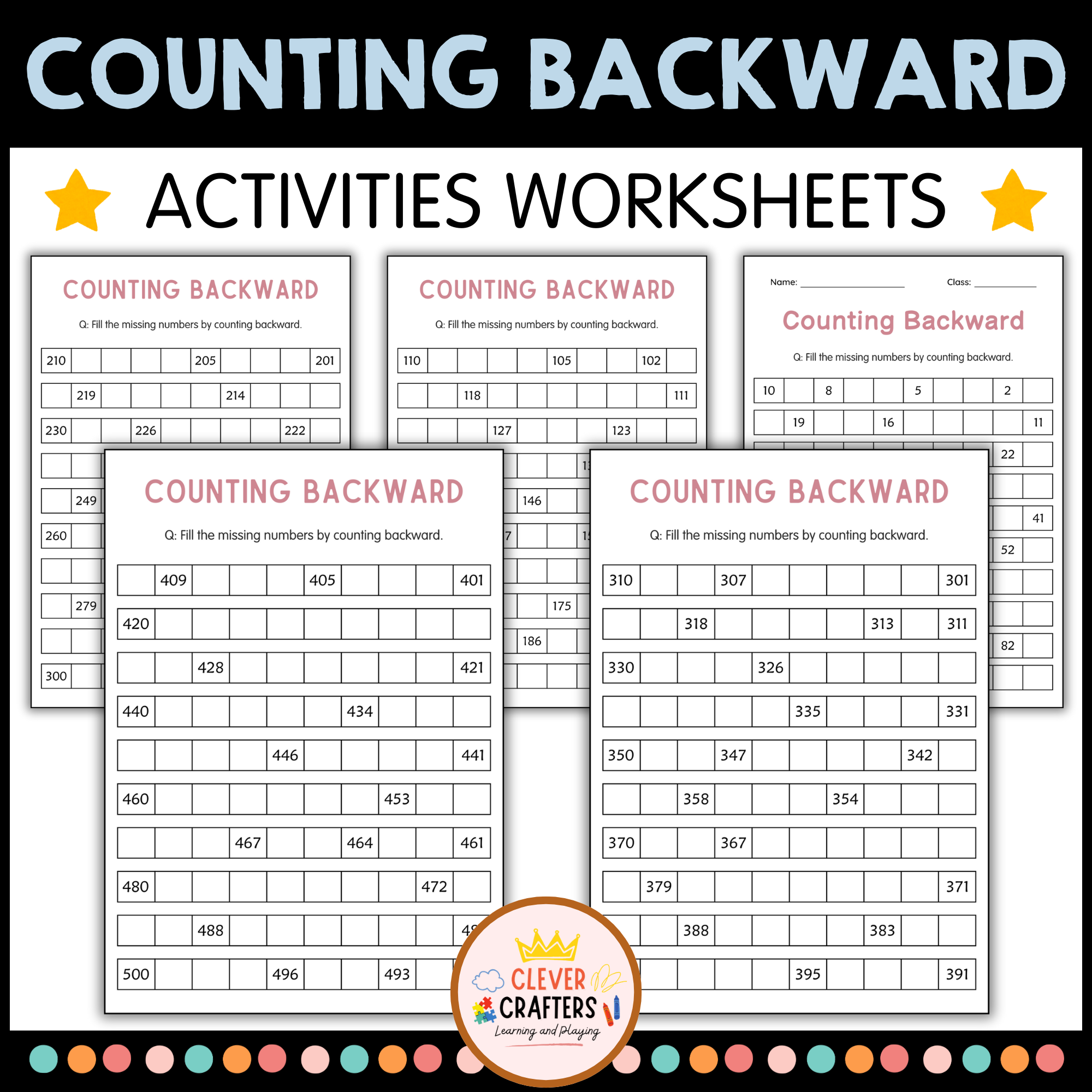 Printable Counting Backward 1 to 500 Number Math Worksheets for Grade 2, 3, 4