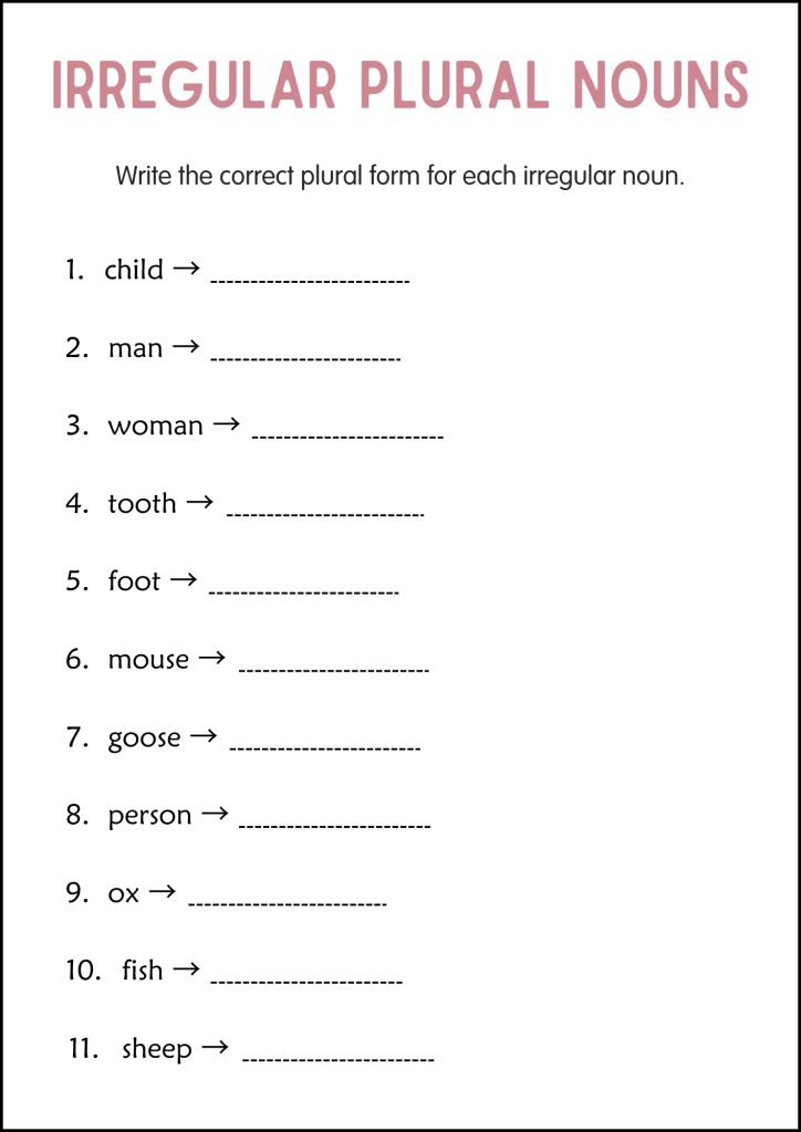 Printable Regular and Irregular Plural Nouns Grammar Worksheets for ...