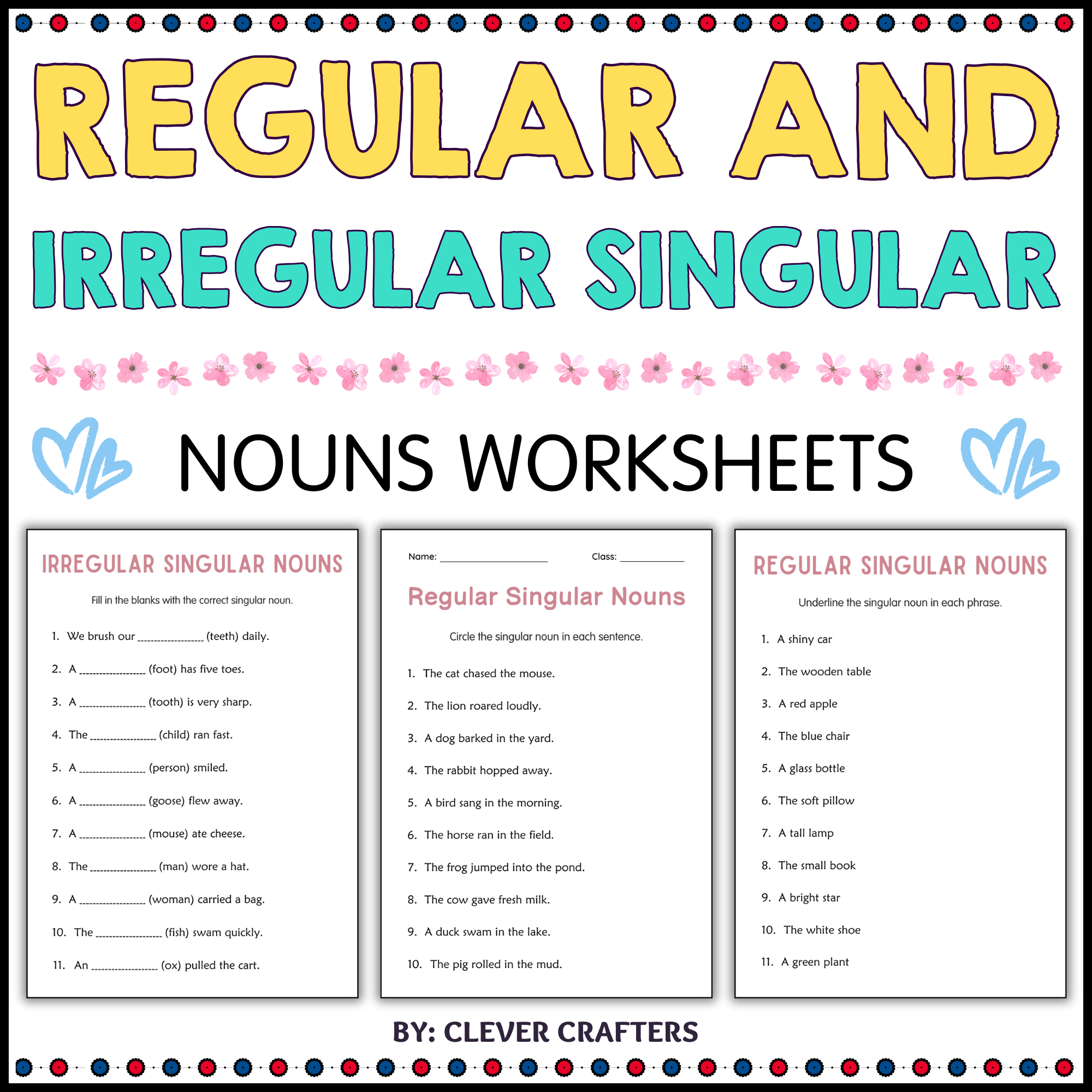 Printable Regular and Irregular Singular Nouns Grammar Worksheets for Grade 2, 3