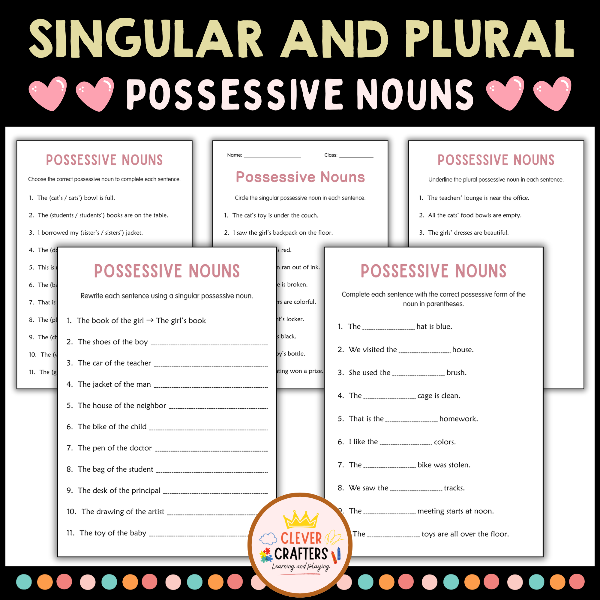 Printable Singular and Plural Possessive Nouns Grammar Worksheets for Grade 2, 3