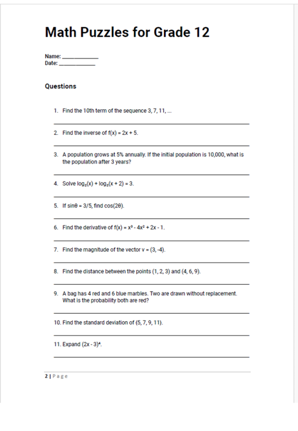 50 Math Puzzles for Grade 12 | Made By Teachers
