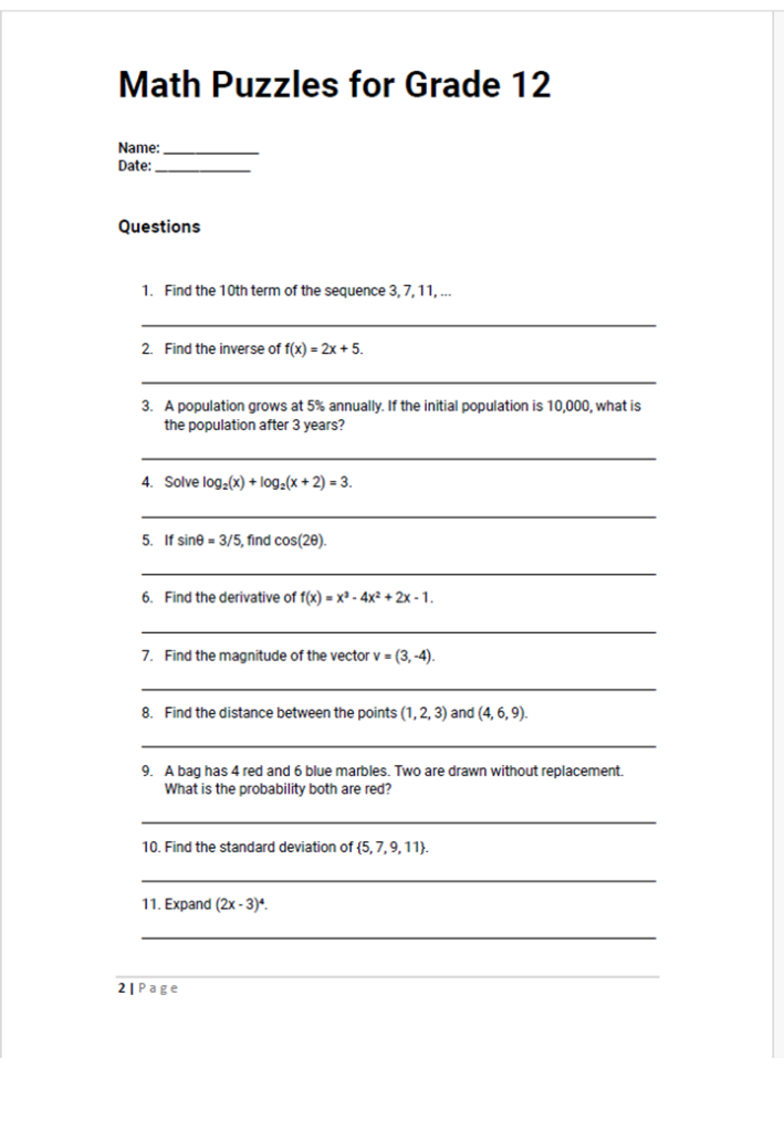50 Math Puzzles for Grade 12 | Made By Teachers