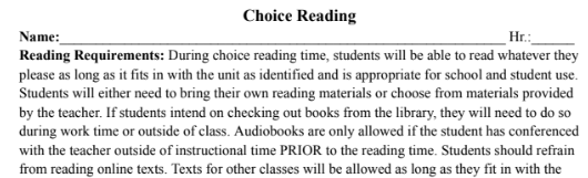 Choice Reading Worksheet