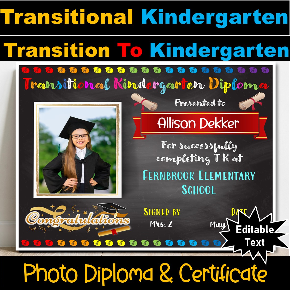 EDITABLE Transition To Kindergarten Certificate/Diploma Graduation TK TTK