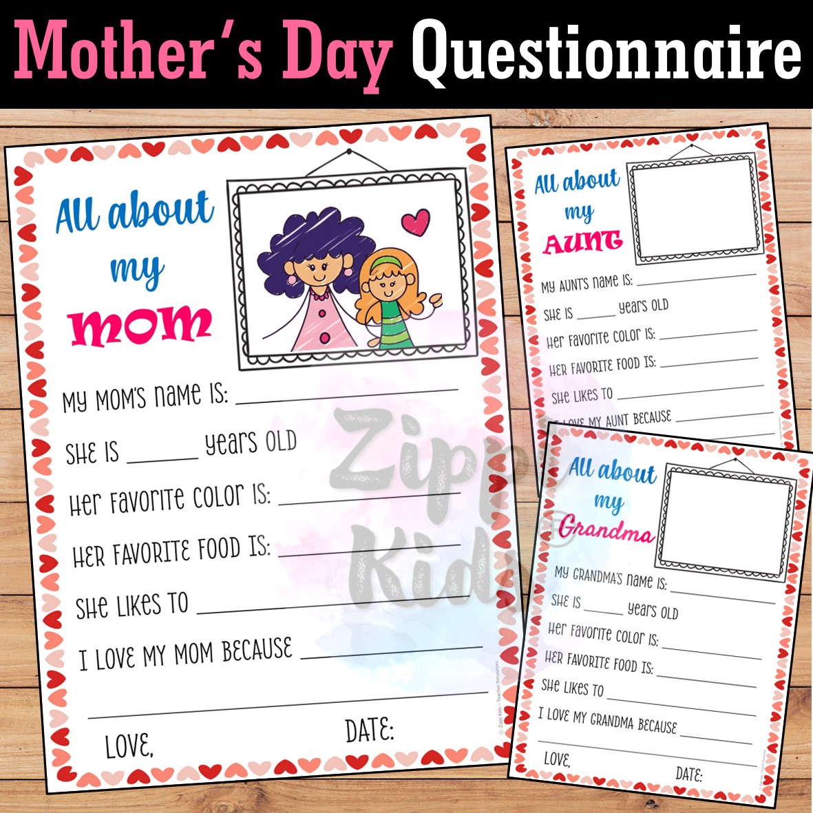 Mother's day Questionnaire, All About my mom writing activity ,card