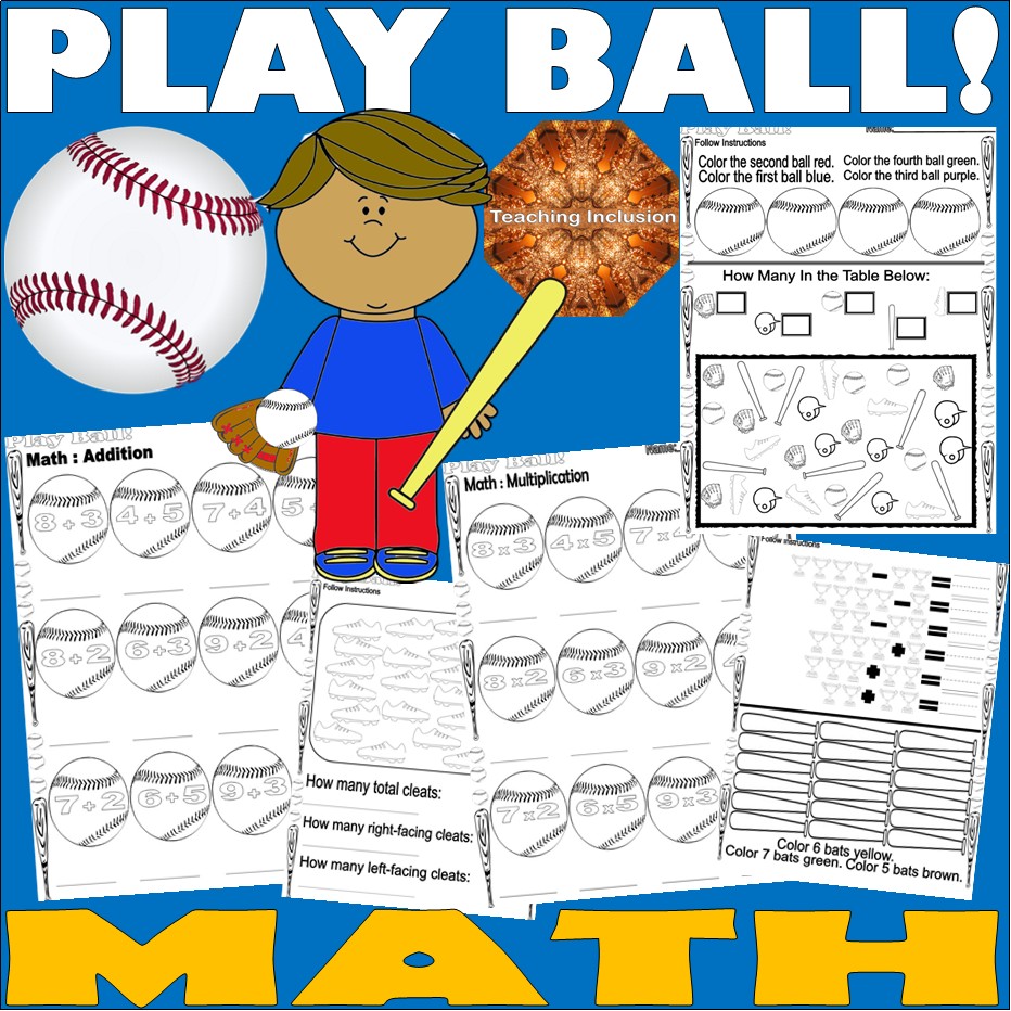 Baseball Math Addition Counting Coloring Multiplying Worksheets