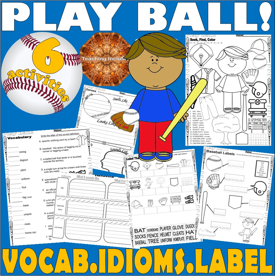Baseball Theme Vocabulary Coloring Labeling Speech Idioms Worksheets NO PREP