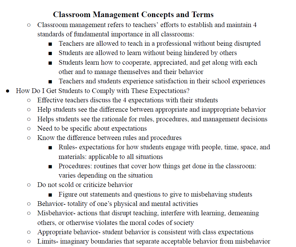 Classroom Management Concepts and Terms Notes