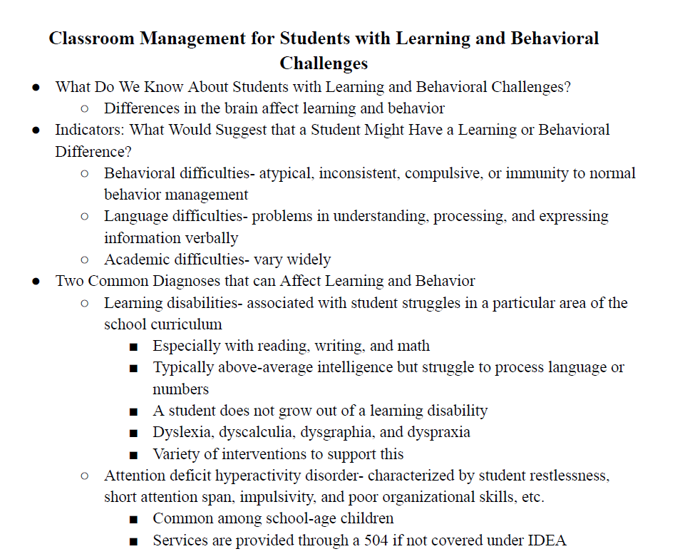 Classroom Management for Students with Learning and Behavioral Challenges Notes