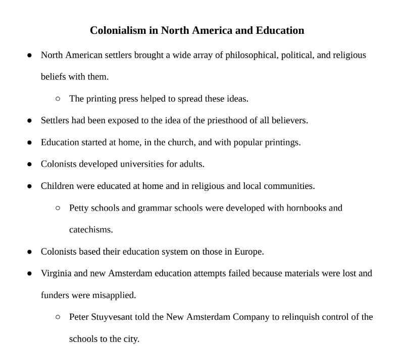 Colonialism in North America and Education Notes