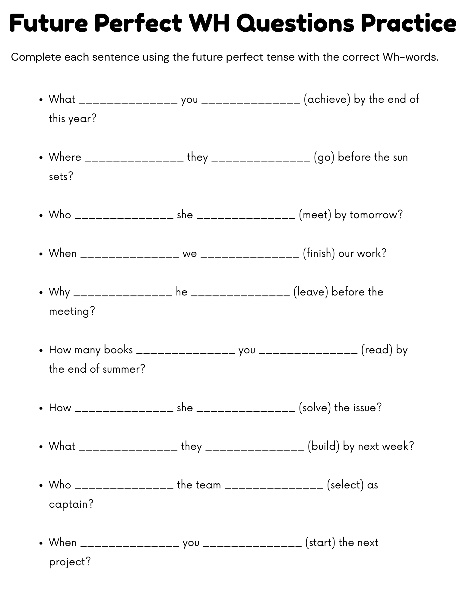 future perfect wh questions exercises