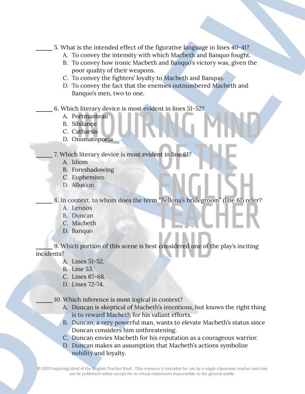 Macbeth Act 1 Scene 2 Close Reading Analysis Worksheet for High School ...