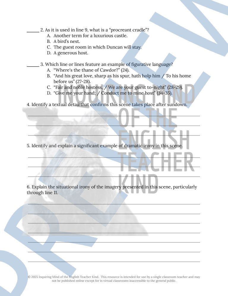 Macbeth Act 1 Scene 6 Close Reading Analysis Worksheet for High School ...