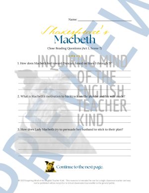 Macbeth Act 1 Scene 7 Close Reading Analysis Worksheet for High School ...