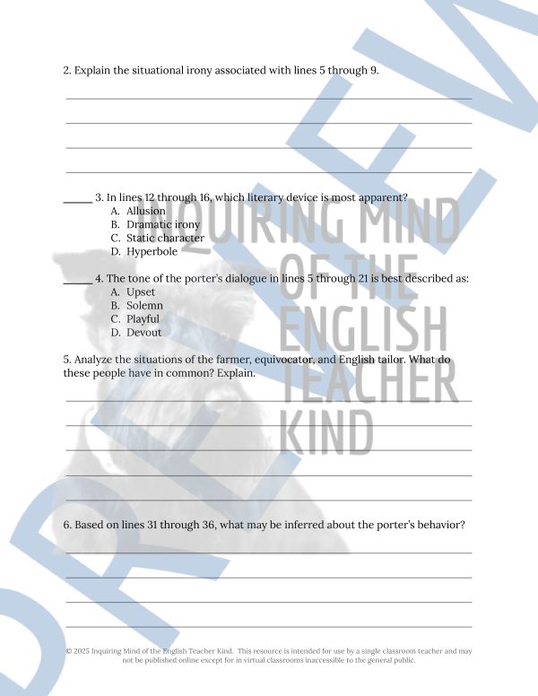 Macbeth Act 2 Scene 3 Close Reading Analysis Worksheet for High School ...