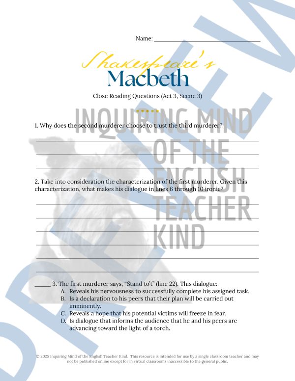 Macbeth Act 3 Scene 3 Close Reading Analysis Worksheet for High School ...