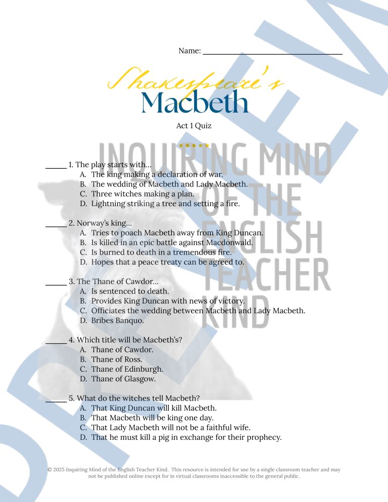 Shakespeare's Macbeth Act 1 Quiz and Answer Key | Reading Comprehension ...