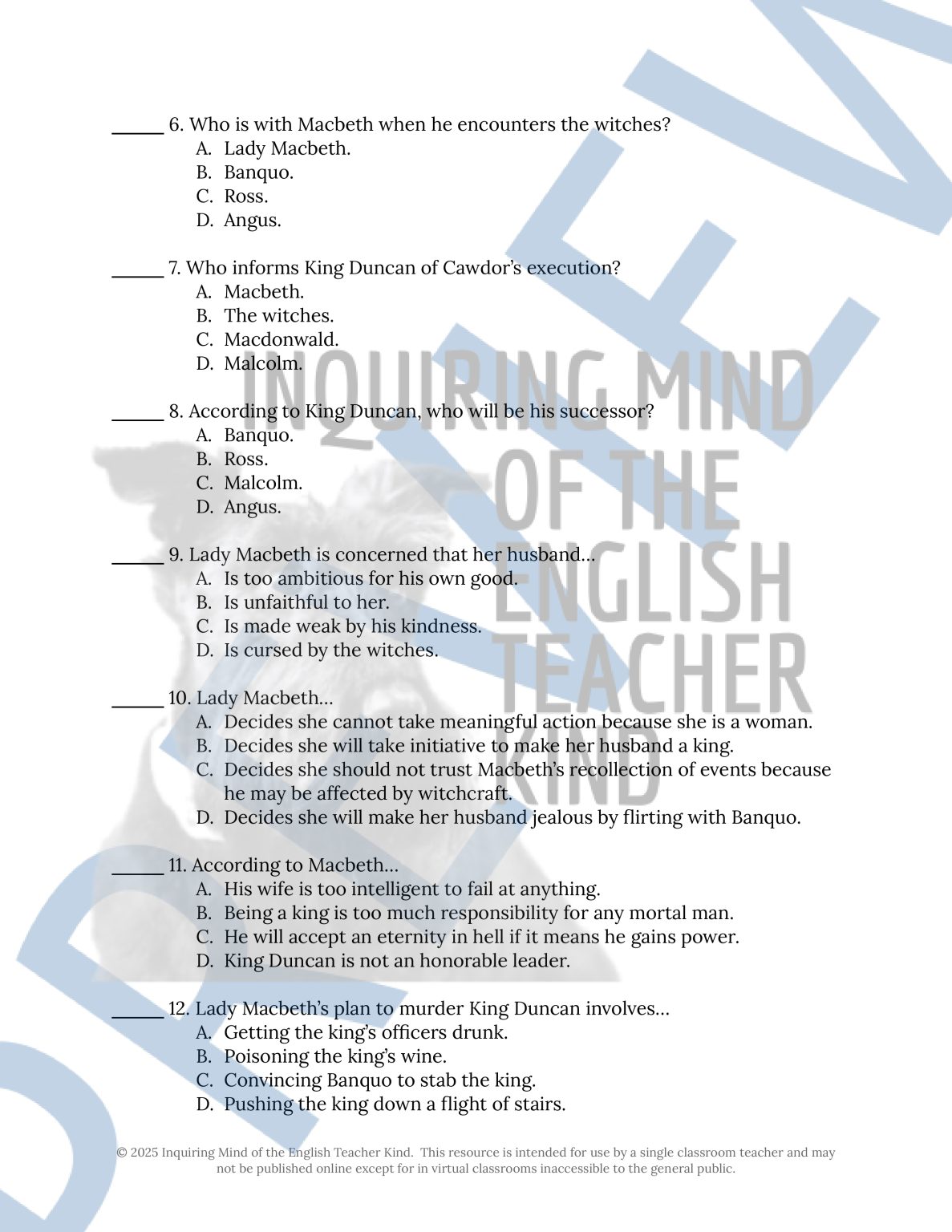 Shakespeare's Macbeth Act 1 Quiz and Answer Key | Reading Comprehension ...