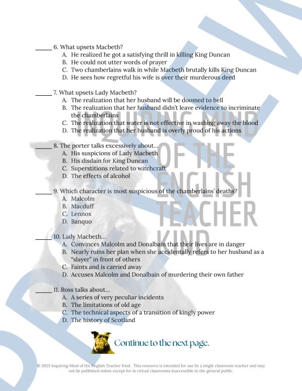Shakespeare's Macbeth Act 2 Quiz and Answer Key | Reading Comprehension ...