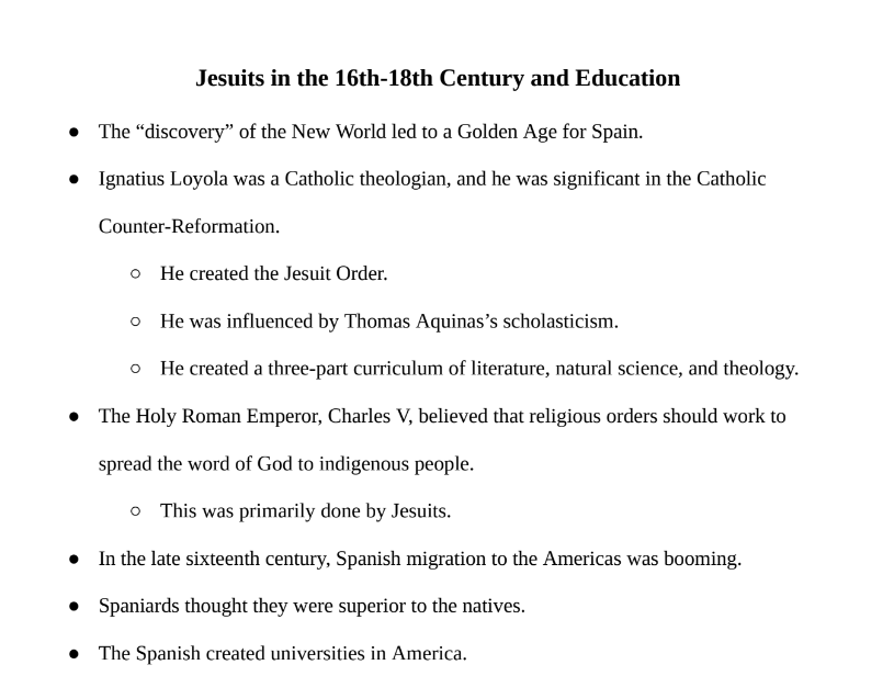 Jesuits in the 16th-18th Century and Education Notes