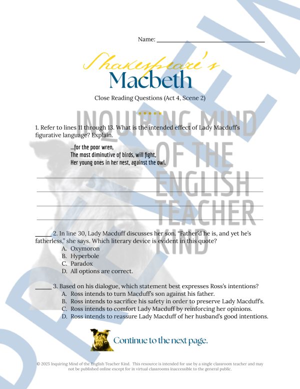 Macbeth Act 4 Scene 2 Close Reading Analysis Worksheet for High School ...