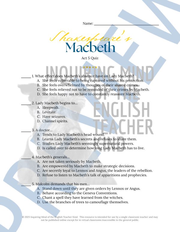 Shakespeare's Macbeth Act 5 Quiz and Answer Key | Reading Comprehension ...