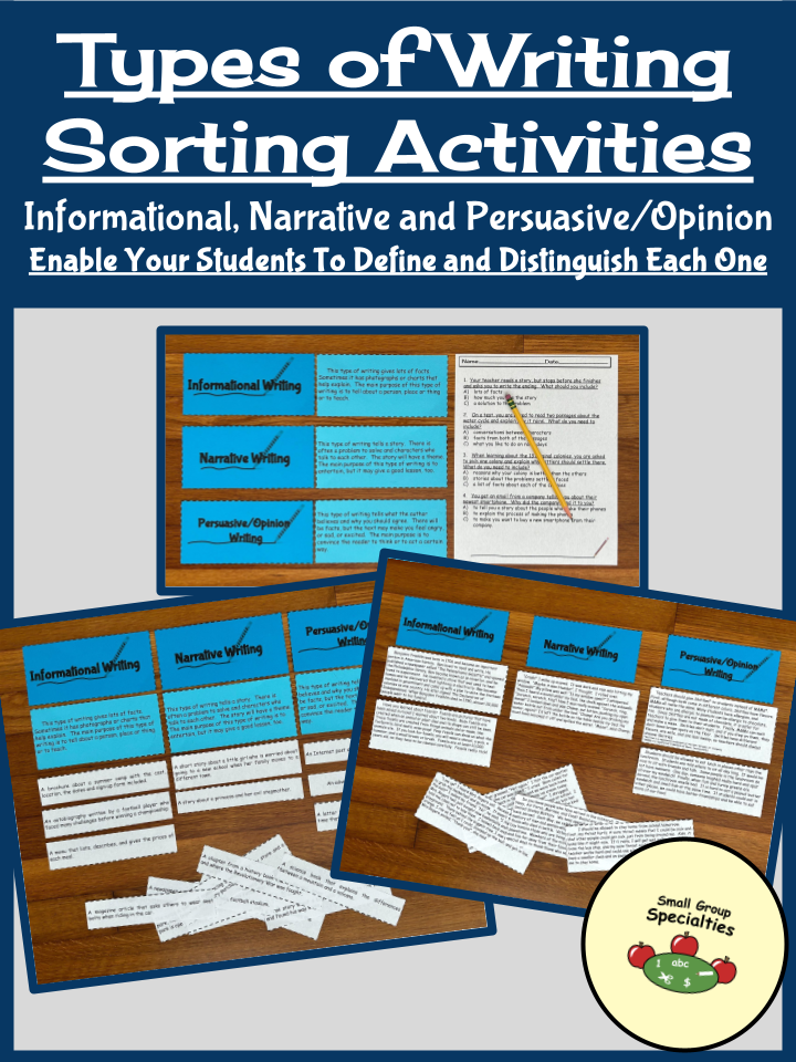 Types of Writing (Informational, Narrative, & Opinion) Sorting Cards