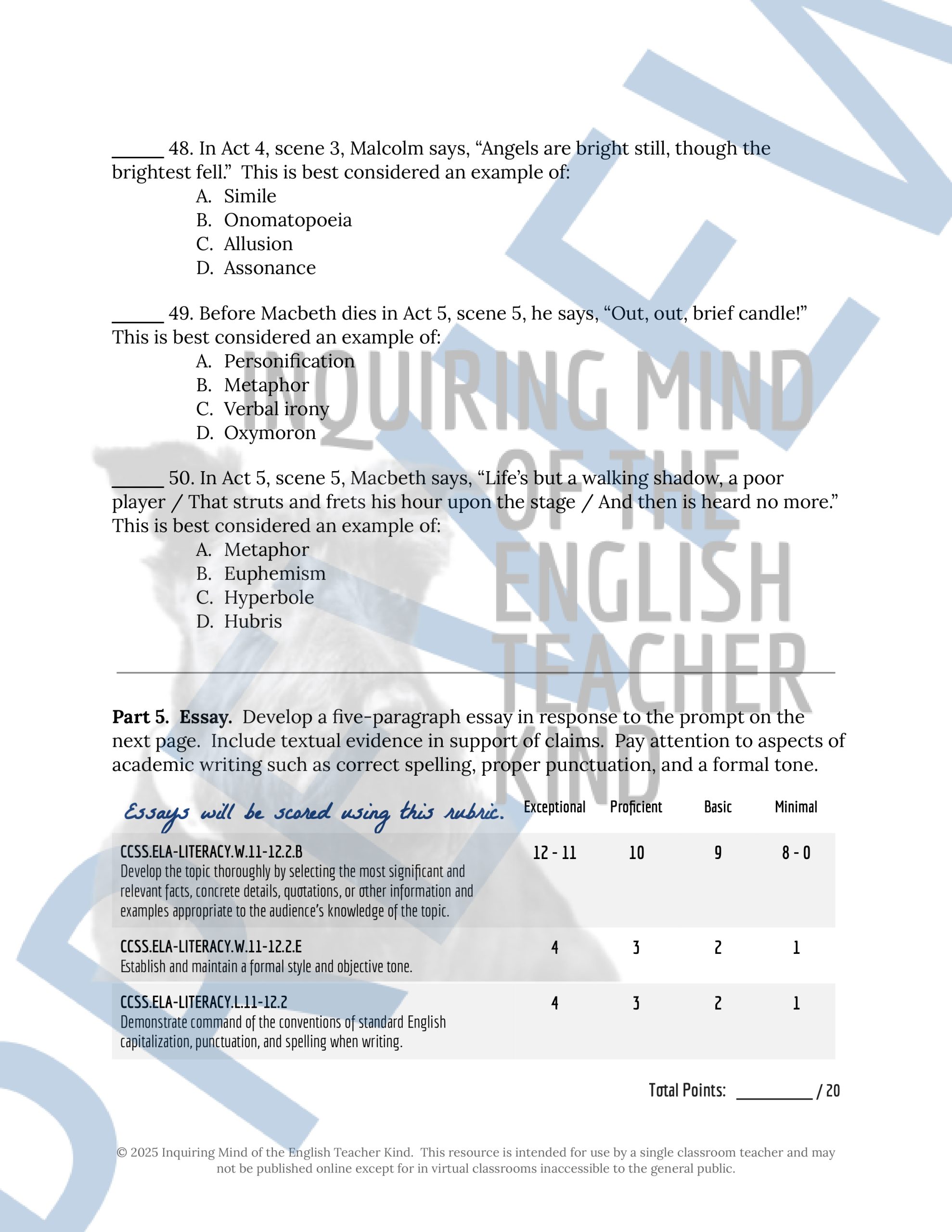 Macbeth Summative Test and Answer Key | Made By Teachers