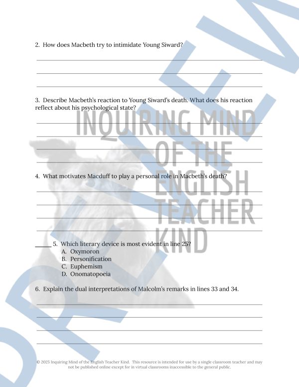 Macbeth Act 5 Scene 7 Close Reading Worksheet for High School | Made By ...