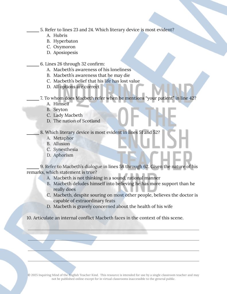 Macbeth Act 5 Quiz, Close Reading Worksheets, and Vocabulary Games ...