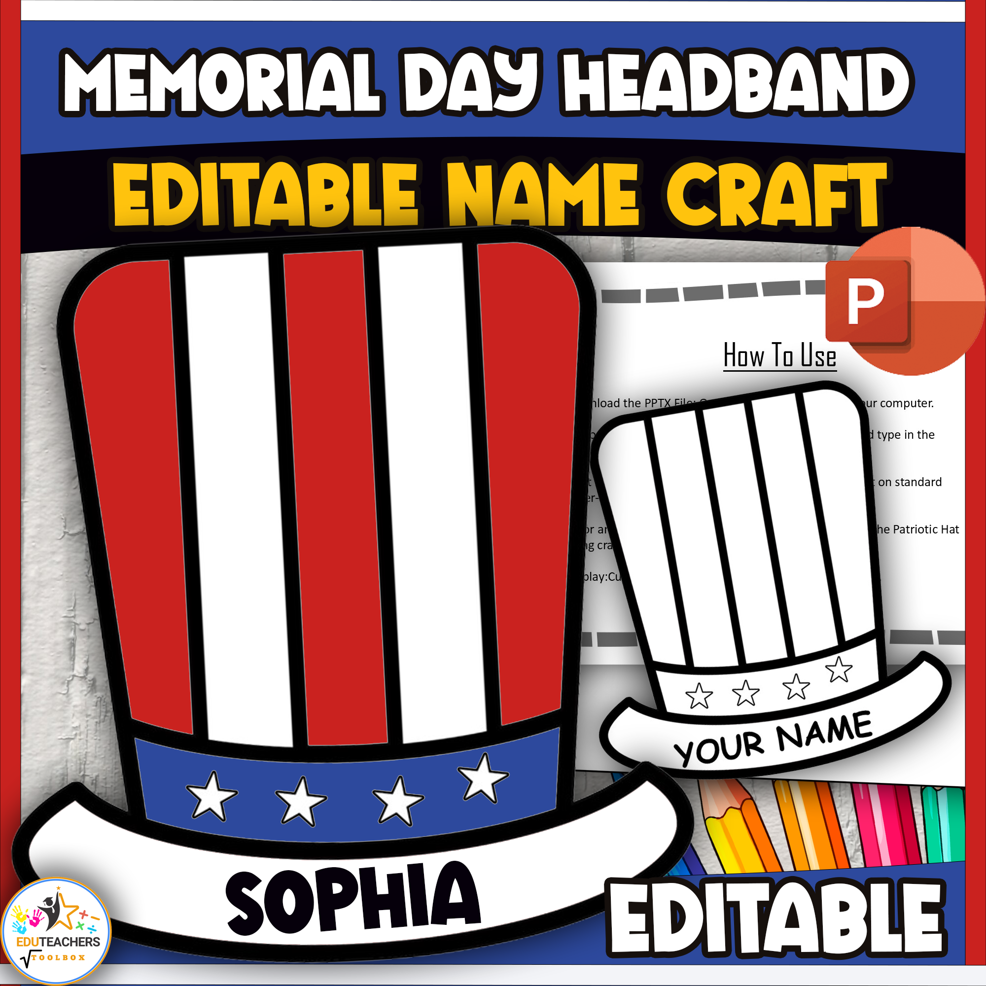 Memorial day Activity - Editable Name Hat Headband-Patriotic Hat