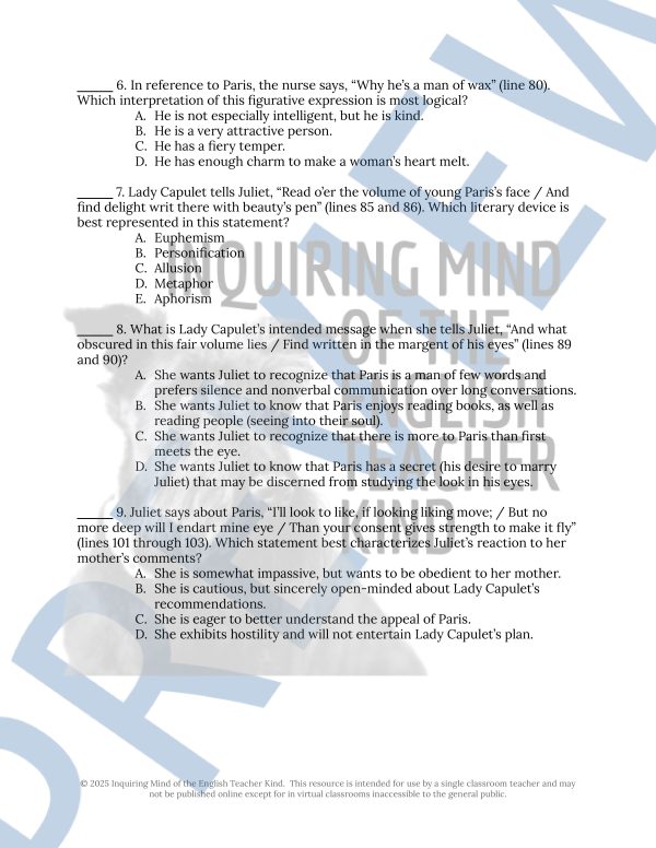 Romeo and Juliet Act 1 Scene 3 Close Reading Analysis Worksheet and Key ...