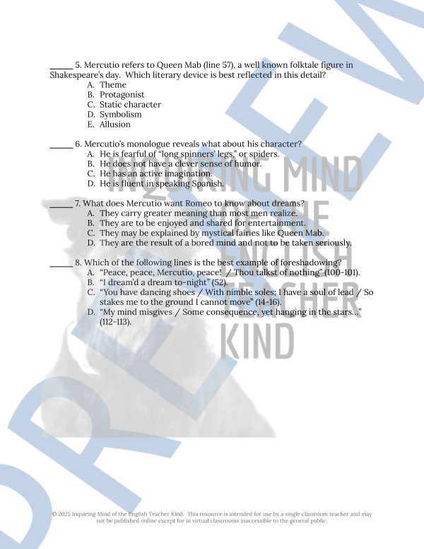 Romeo and Juliet Act 1 Scene 4 Close Reading Analysis Worksheet and Key ...