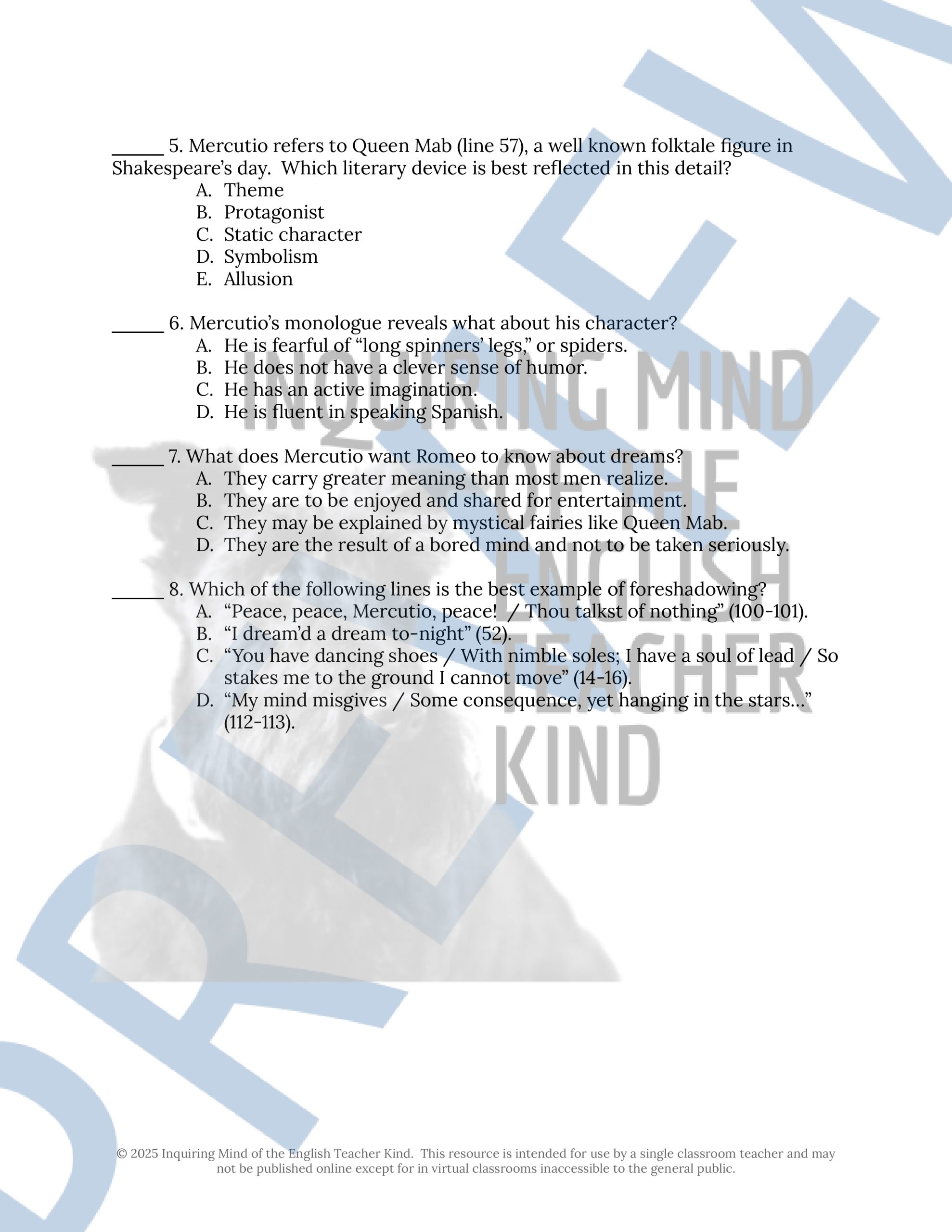 Romeo and Juliet Act 1 Scene 4 Close Reading Analysis Worksheet and Key ...