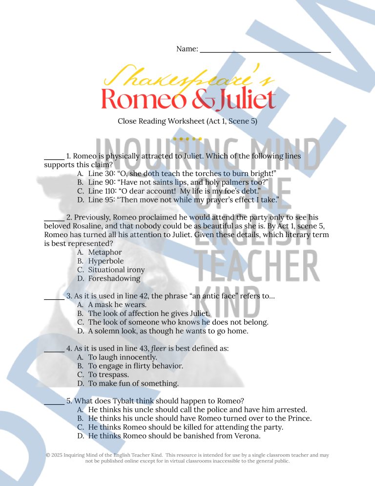 Romeo and Juliet Act 1 Scene 5 Close Reading Analysis Worksheet and Key ...
