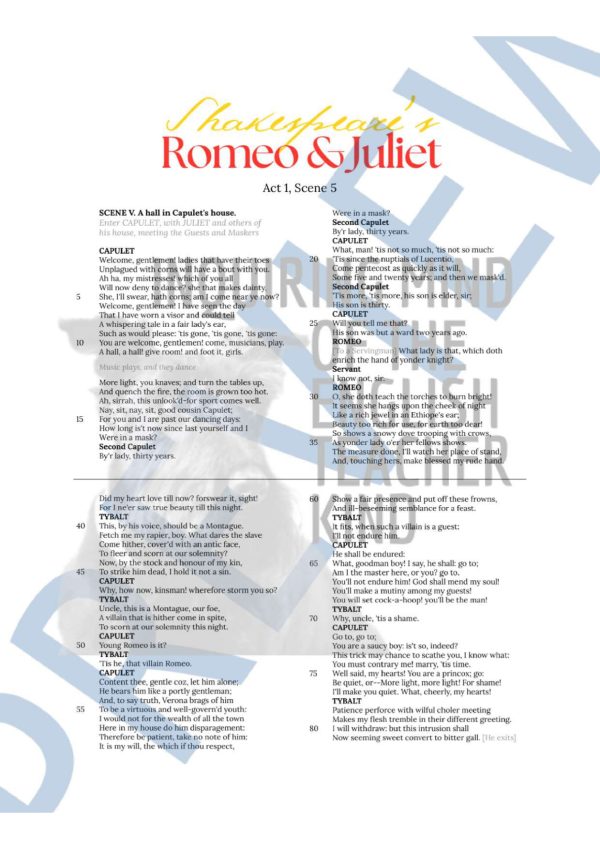 Romeo and Juliet Act 1 Scene 5 Close Reading Analysis Worksheet and Key ...
