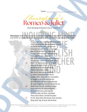 Romeo and Juliet Act 2 Scene 3 Close Reading Analysis Worksheet and Key ...
