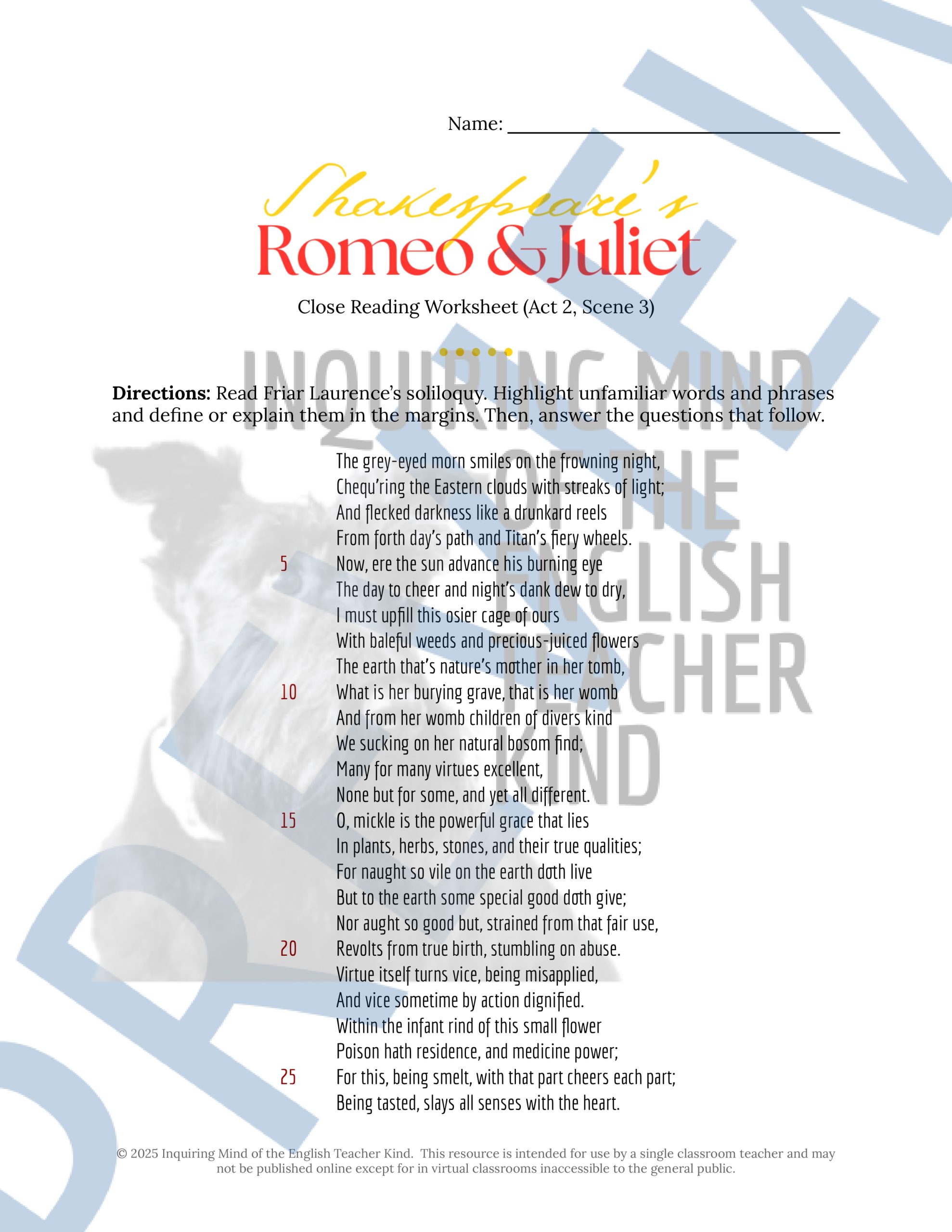 Romeo and Juliet Act 2 Scene 3 Close Reading Analysis Worksheet and Key ...